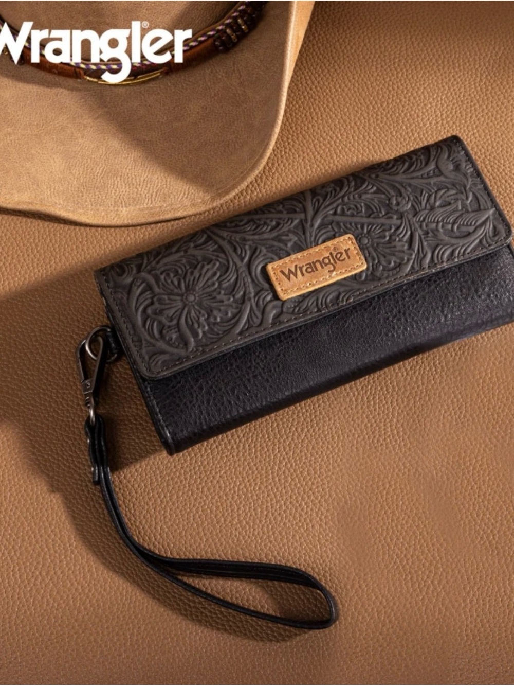 Wrangler Western Black Floral Tooled Tri-Fold Wristlet Wallet w/ Tan Logo Patch